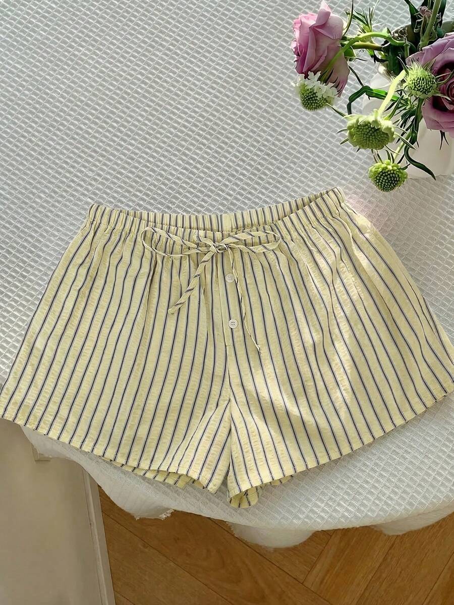 SHEIN EZwear Quần short ống rộng dệt sọc vàng dành cho nữ - Màu vàng - Xem 1