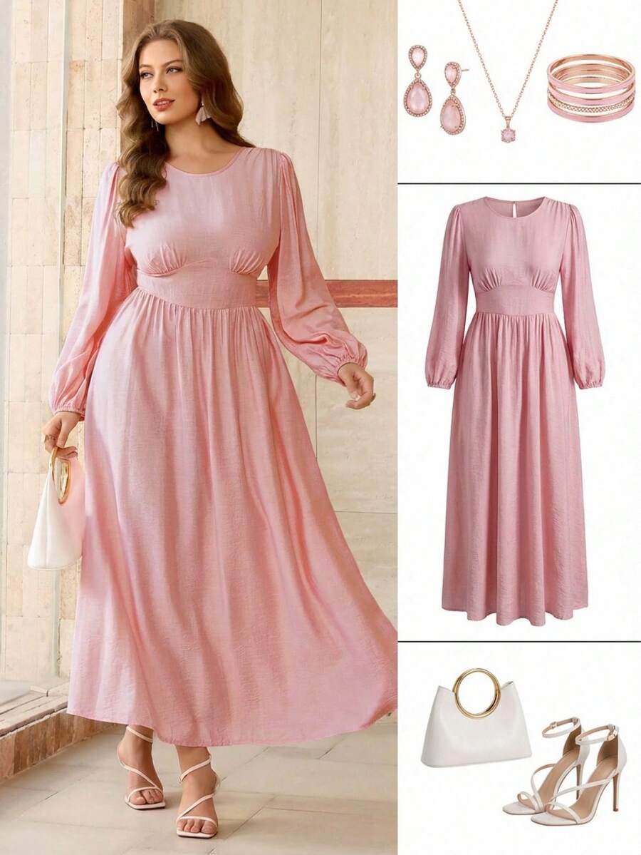 Roveilla Nuevo vestido elegante de manga farol de primavera/verano para mujer con cuello redondo, cintura ceñida y textura brillante y fluida - Rosa - Ver 1