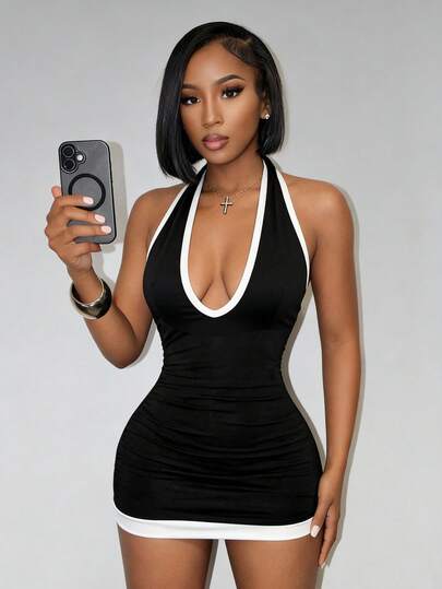 BamGleam Summer New Music Festival Sexy Spaghetti Strap Lace Trim Metal Buckle Patchwork Bodycon Mini Dress For Women