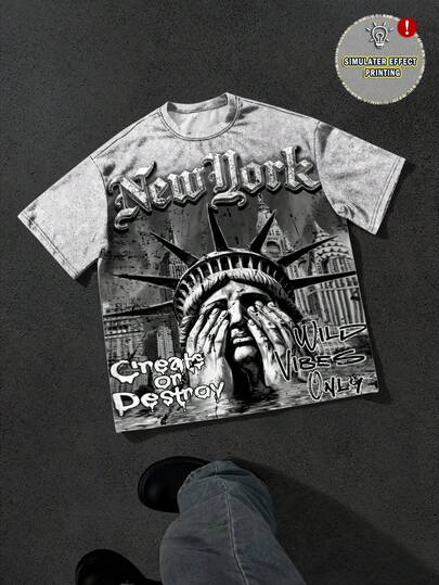 Manfinity EMRG Men's Summer Casual Grey Gray Black White New York NY City Statue Of Liberty Covering Face Create Or Destroy Wild Vibes Only Gothic Old English Letter Skyline Cityscape All Over Print Graphic Print T-Shirt Vintage Streetwear Hip Hop Urban Y2K 2000s Style Goth Going Out Club Party Concert Festival Simulator Effect Print Crew Neck Short Sleeve Oversized Loose Fit Breathable Tee Top,Men's New York Statue Of Liberty Print T-Shirt