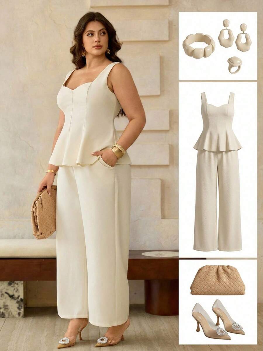 Roveilla Bộ đồ 2 mảnh cỡ lớn dành cho nữ: Áo croptop không tay cổ tim khoét eo và quần ống rộng cạp chun, kiểu dáng Pháp cổ điển thanh lịch, phù hợp đi làm, công sở, đi biển, dạo phố, mùa xuân/hè, đám cưới, tiệc tùng. - Màu be - Xem 1