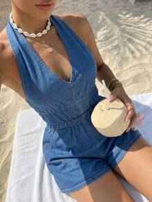 Sunnyshic Bộ jumpsuit denim wash cổ chữ V buộc dây thời trang - Rửa trung bình - Xem 1