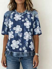 EMERY ROSE Camiseta de mujer con efecto de mezclilla y estampado floral de verano - Multicolor - Ver 4