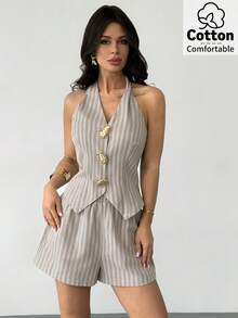 Firerie Bộ đồ thường ngày gồm áo cardigan lửng hở lưng kẻ sọc kaki đính kim loại và quần short cạp chun, bộ đồ casual tối giản, bộ đồ đi nghỉ mát kẻ sọc, bộ đồ casual kẻ sọc, bộ đồ thoải mái, bộ áo cổ yếm và quần short mùa hè, bộ quần short tối giản, bộ áo sơ mi cài nút bất đối xứng, trang phục xuân/hè, thanh lịch, đi làm, trang phục công sở, trở lại trường học, phong cách Boho, dịp trang trọng, thoải mái, cổ điển, áo, bộ cardigan, bộ đồ 2 mảnh dành cho nữ. - Nhiều màu - Xem 10