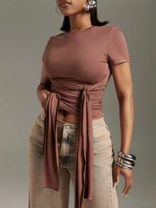 Denimoi Front Drape Tie Detail Top Concert Outfits Fashionable Streetwear It Girl - Brown - View 3