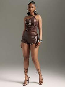 Denimoi Studded Halter Neck Sleeveless Top Sexy Tops Fashionable Spring & Summer GNO Concert Outfit - Black - View 5