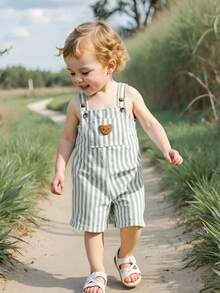 Genkimix Kids 新款可爱熊头休闲蓝白条纹口袋男童背带裤，带纽扣 - 薄荷綠 - 查看 6