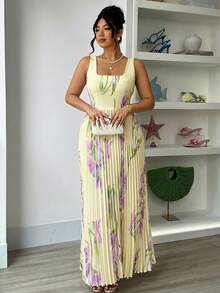Elenzga Robe plissée imprimée violette, une robe longue sans manches avec une taille cintrée. Ce vêtement grande taille est parfait pour le printemps et l'été, convient pour les vacances, les escapades douces, les sorties décontractées et les fêtes - Multicolore - Voir 4