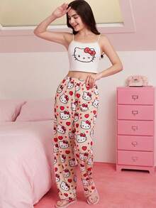 HELLO KITTY AND FRIENDS | SHEIN 女士白色吊带背心和粉色长裤睡衣套装，猫咪图案，蝴蝶结图案，卡通可爱Y2K风格，甜美，日常居家休闲夏季款 - 杏色 - 查看 7
