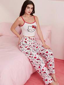 HELLO KITTY AND FRIENDS | SHEIN Women's White Camisole & Pink Trousers Pajamas Set, Cat Pattern, Bow Pattern, Cartoon Cute Y2K, Sweet, Daily, Home, Leisure, Summer - White - View 3