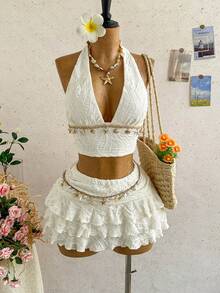 Soleia Bộ đồ 2 món dành cho nữ, gồm áo croptop cổ yếm viền sao biển và chân váy xếp tầng. - trắng - Xem 3