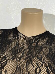 EgrlEra 女士性感黑色短袖蕾丝提花迷你连衣裙 - 黑色 - 查看 4