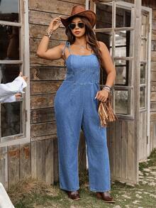 SHEIN Holidaya Quần yếm denim ống rộng dáng rộng thoải mái dành cho nữ cỡ lớn, thích hợp đi nghỉ mát. - Rửa tối - Xem 4