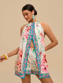 Travachic Bộ jumpsuit cỡ lớn cổ yếm xẻ tà, họa tiết nhiệt đới, hở vai, dáng rộng thanh lịch, thích hợp mặc hàng ngày và đi nghỉ mát, mùa xuân/hè, họa tiết đối xứng. - Nhiều màu - Xem 16