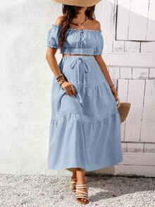 Lyckli Maternity Vacation Solid Color Frill Off-Shoulder Cropped Top And Adjustable Waist Midi Skirt 2-Piece Set - Baby Blue - View 6