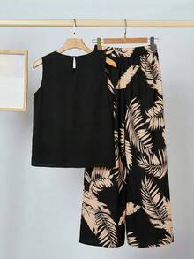 SHEIN 少女宽松圆领无袖粉色碎花上衣和阔腿裤两件套度假套装 - 彩色 - 查看 2
