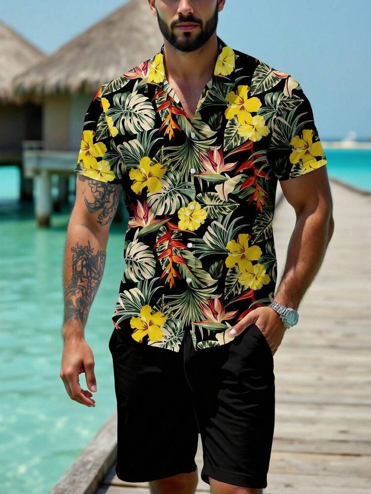 VIVINTIMO Camisa casual de vacaciones con estampado tropical para hombres - Multicolor - Añade 1