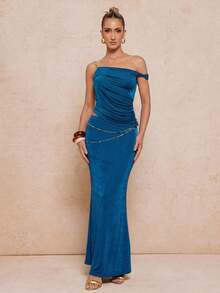 Lumalex 女士优雅派对不对称上衣和美人鱼裙摆两件套 - 寶藍色 - 查看 4