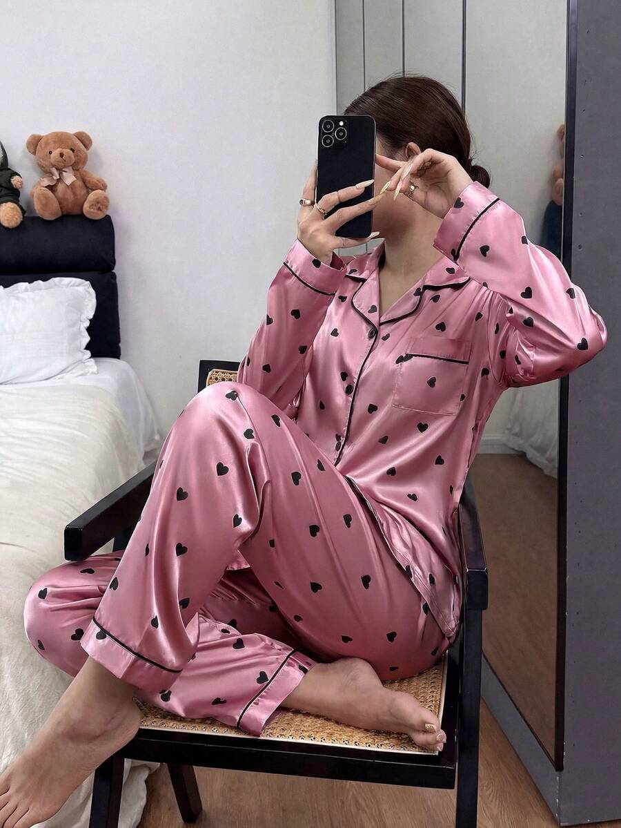 Conjunto de pijama de satén con estampado de corazón y ribete de contraste, prendas de otoño cómodas y elegantes, invierno - Rosa - Ver 1