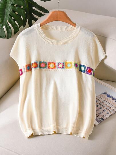 CosyJoli Plus Size Elegant French Casual High-End Water-Soluble Lace Patchwork Knit Sleeveless Top, Lightweight For Spring/Summer