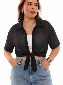 SHEIN EZwear 大码女式夏季透明前扣短袖衬衫，母亲节、度假、办公室黑色衬衫 - 黑色 - 查看 6