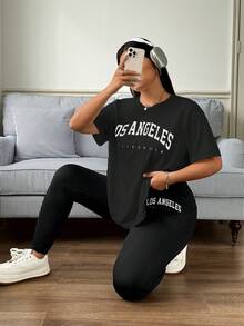 Enliva 2 pièces/set Ensemble t-shirt et legging imprimé lettre grande taille, tenues d'été pour femmes, ensemble deux pièces pour femmes, pour forme de corps en pomme et arrondie - Noir - Voir 3