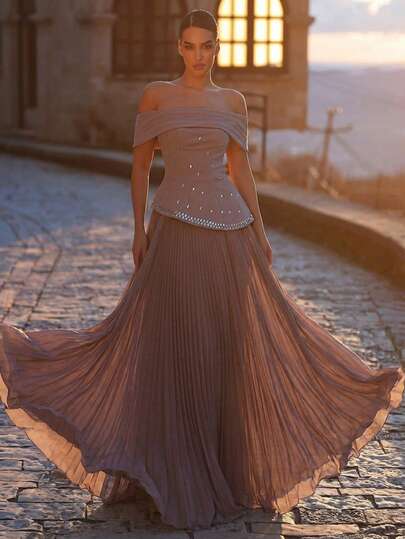 Aureia Elegant Light Gray-Purple Off Shoulder Neckline Pleated Unique Special Design Hem Luxurious 3D Embroidered Faux Pearl Super Large Chiffon A-Line Dress, Suitable For Dates, Vacations, Singles Parties, Weddings, Women's Evening Gown