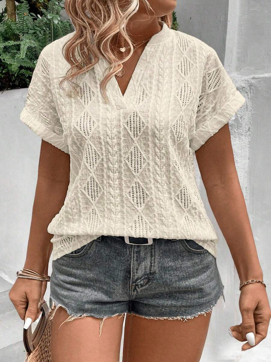 EMERY ROSE Apricot V-Neck Flounce Sleeve Argyle Embroidered Textured Fabric Plus Size T-Shirt - Apricot - View 1