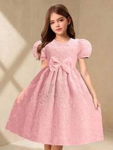 Đầm hè thanh lịch, sang trọng, cổ tròn, tay phồng, eo cao, màu trơn, chất liệu jacquard, nơ và đính ngọc trai. - Hồng - Xem 1