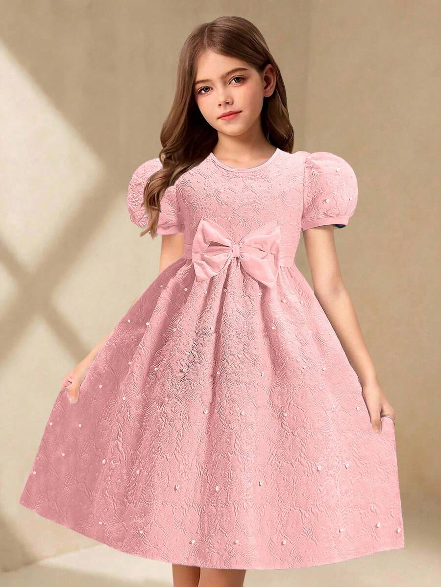 Đầm hè thanh lịch, sang trọng, cổ tròn, tay phồng, eo cao, màu trơn, chất liệu jacquard, nơ và đính ngọc trai. - Hồng - Xem 1