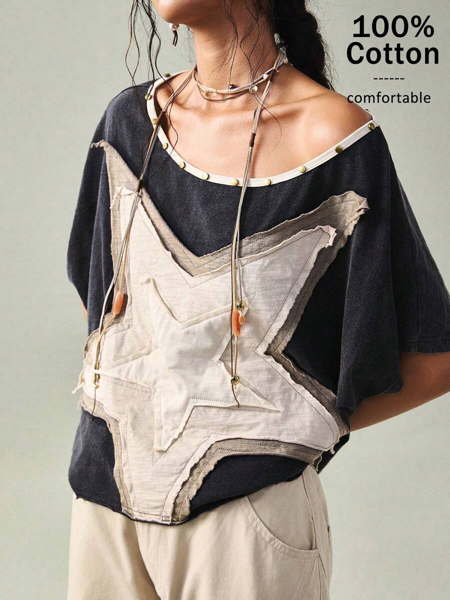 SoleilVie 女士斜肩五角星铆钉设计水洗复古休闲T恤 女士纯棉上衣 女士短袖上衣 女士上衣和衬衫 女士休闲现代夏季上衣 - 黑色 - 查看 1