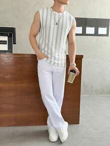 Manfinity Unisex 男士条纹圆领休闲宽松背心 - 灰色 - 查看 3