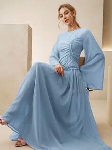 Anewsta Đầm xếp ly kiểu Pháp cao cấp, thanh lịch, thiết kế độc đáo, tay loe, cổ tròn, thích hợp cho công sở và dự tiệc. - Màu xanh nhạt - Xem 1