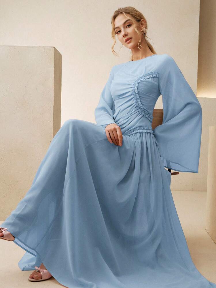 High-Quality Fashionable Elegant French Pleated Waist Dress, Niche Design Flare Sleeve Round Neck Formal Gown, Commuting & Party Graceful