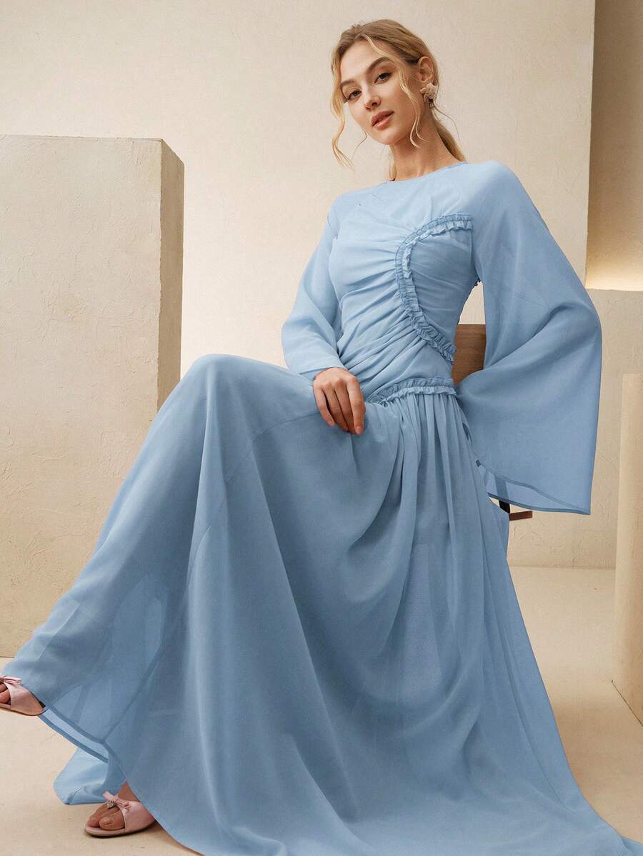 Anewsta Đầm xếp ly kiểu Pháp cao cấp, thanh lịch, thiết kế độc đáo, tay loe, cổ tròn, thích hợp cho công sở và dự tiệc. - Màu xanh nhạt - Xem 1