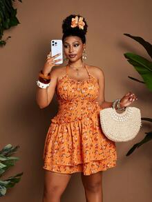 Maweii Plus Size Women Ditsy Floral Ruffle Halter Dress, Vacation - Multicolor - View 2