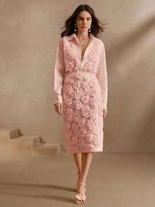 Anewsta 纹理压花提花优雅通勤法式衬衫和中长裙两件套 - 粉色 - 查看 5