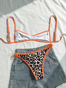 Swim Mod 女士度假沙滩豹纹撞色滚边泳衣套装 - 橘色 - 查看 2