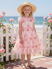 Elladie kids Đầm hoa không tay dáng phồng in hình hoa hồng cho bé gái 2-5 tuổi, khóa kéo phía sau, thanh lịch, đa năng, ngọt ngào và dễ thương, kiểu đầm công chúa thích hợp mặc hàng ngày, mùa xuân/hè. - Hồng - Xem 3
