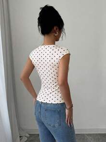Selianne Polka Dot Square Collar Waist Cinched Elegant Romantic Refined Women T-Shirt - Red and White - View 2