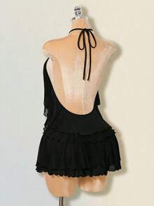 SHEIN ICON Layered Ruffle Halter Backless Mini Dress For Women - Black - View 2