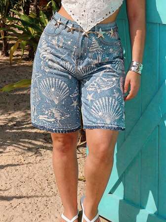 Pantaloncini di jeans casual Bermuda con tasche e motivo a conchiglia, taglie comode per donne