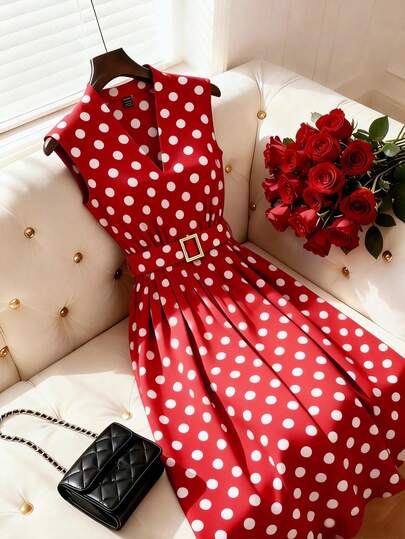 Franclia Women's Fashion Sleeveless V-Neck Polka Dot Print Waist Tie Decor A-Line Maxi Dress, Suitable For Valentine's Day And Dates Red Polka Dot Dress