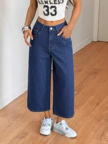 SHEIN PETITE 女士休闲日常通勤简约百搭低腰宽松短款阔腿牛仔裤 - 深色水洗藍 - 查看 6