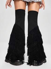 ROMWE Grunge Punk 1Pairy2k Millennium Spice Girls Punk Style Black Splicing Multi-Layer Taffer Edge Design Over Knee Micro Speaker Loose Leg Socks, Stylish Simple Wild Ladies Leg Covers, Suitable For Daily, Date, Party, Shopping And other Gray Items - màu đen - Xem 4