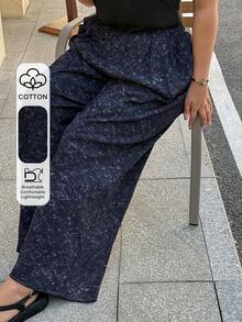Dazy Plus Elastic Waist All-Over Floral Print Loose Long Straight Pants, All Season - Navy Blue - View 1