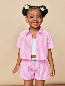 Travachic KIDS 2pcs Young Girl Woven Solid Striped Casual Shirt And Shorts Set - Pink - View 2