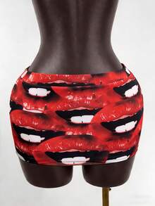 SaltGleam SaltGleam Women's Sexy Red Lips Printed Mini Bodycon Knitted Skirt - Red - View 3