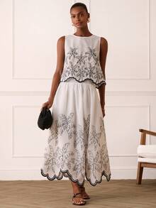 Lilora Women's Elegant Palm Tree Embroidered A-Line Skirt - White - View 4