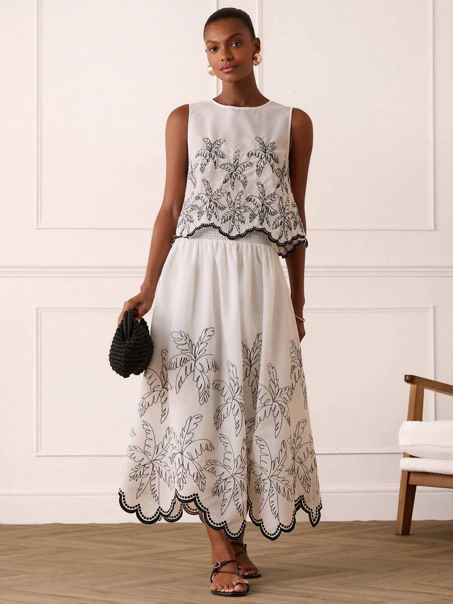 Lilora Women's Elegant Palm Tree Embroidered A-Line Skirt - White - View 1